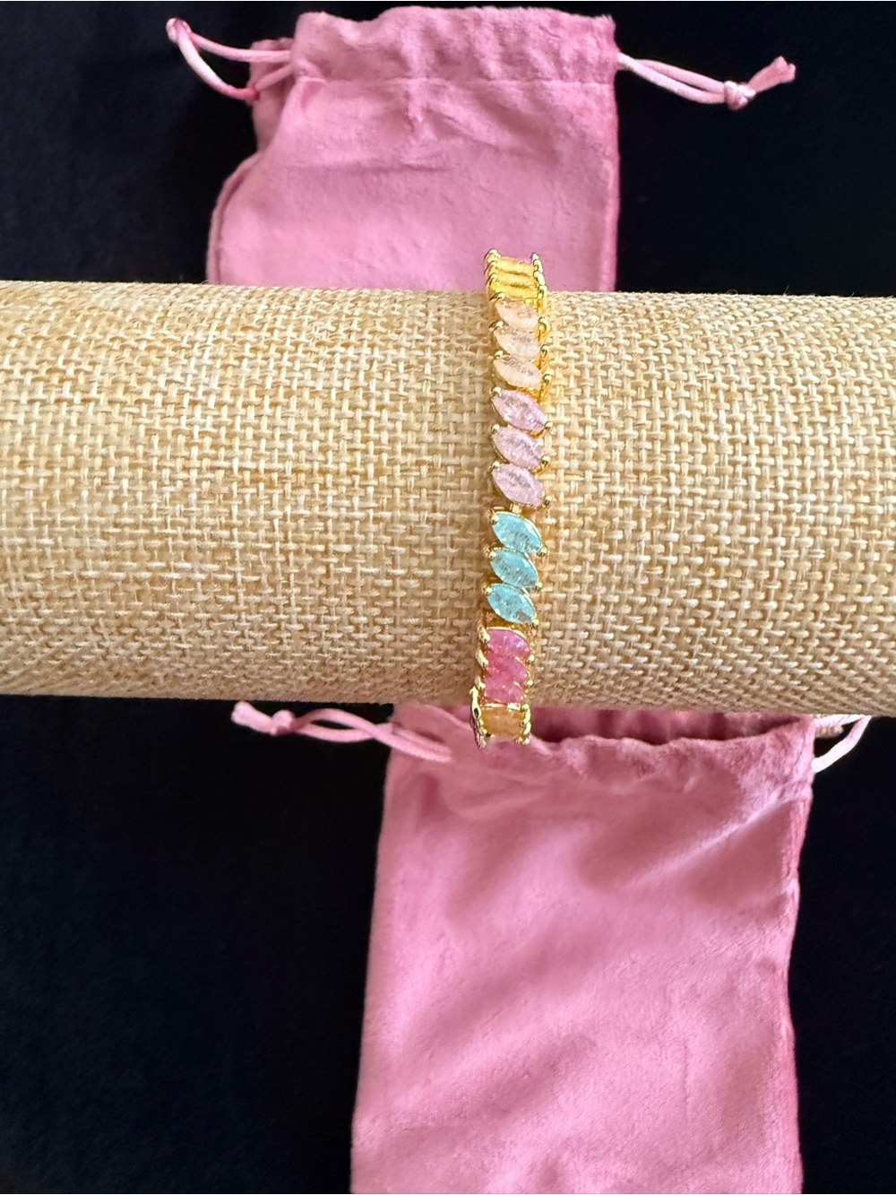 Gold-Tone Bracelet with Pink and Light Blue Marquise Stones